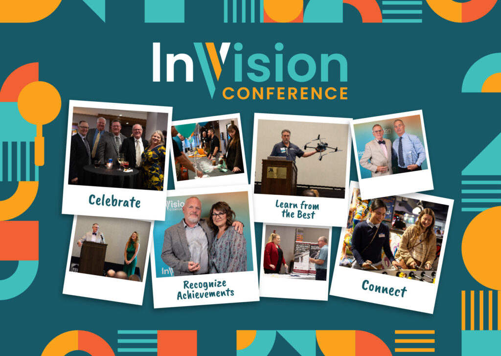 A title reads InVision Conference while postcards of inspectors and speakers are lined up in two rows.